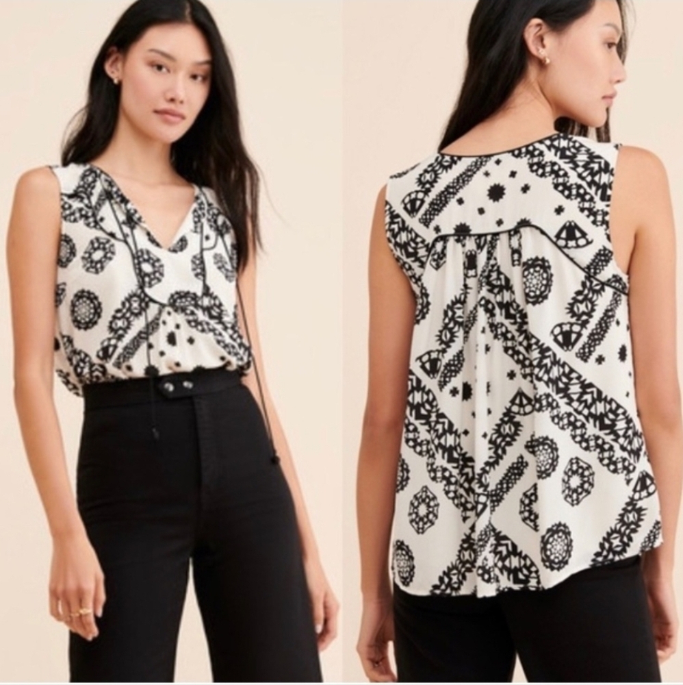 Women’s Anthropologie Shirt Silk Sleeveless Top Cream Black Blouse Size 12 Flowy
